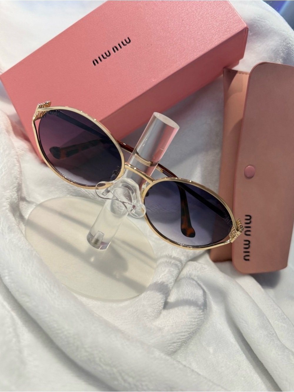 Miu Miu Gold Frame Sunglasses with Pink Case and Gradient Purple Lenses